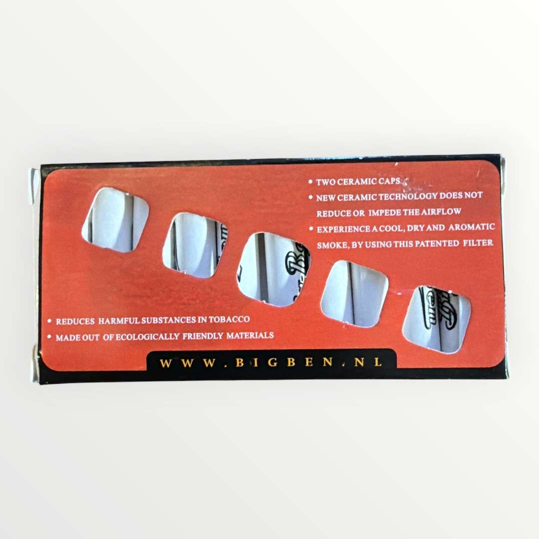 Baksida av Big Ben 9 mm pipfilter 10-pack med produktinformation och egenskaper.