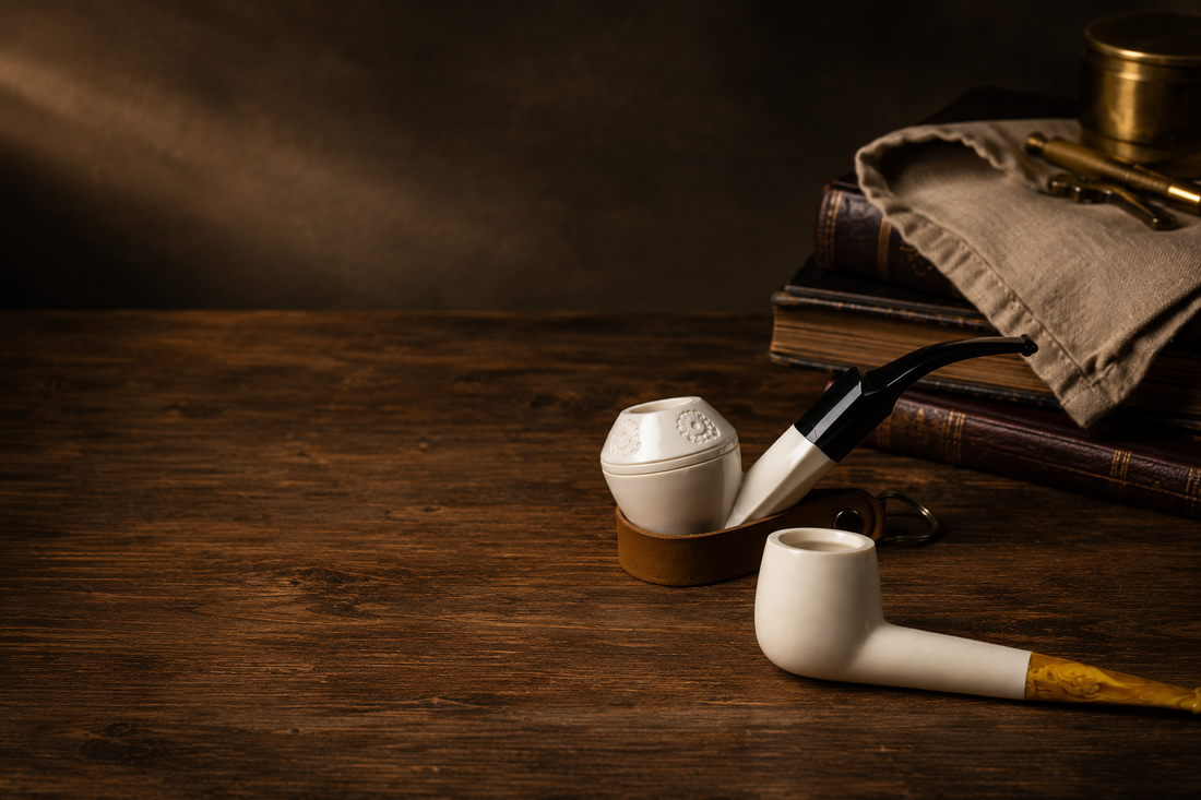 Handgjord sjöskumspipa i naturligt meerschaum på ett träbord – introduktionsbild till Pipe-Shops guide om sjöskumspipor.