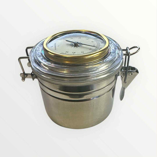 Tobaksburk i rostfritt stål med hygrometer och fuktare