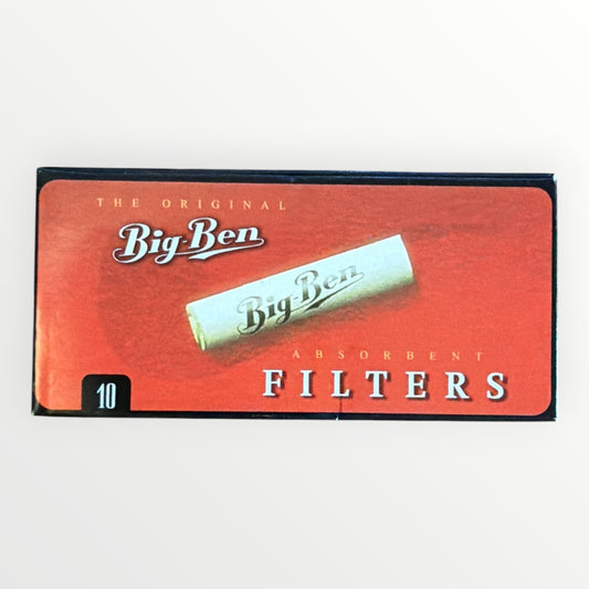 Big Ben pipfilter 9 mm 10-pack med absorberande filter och keramiska ändkapslar.