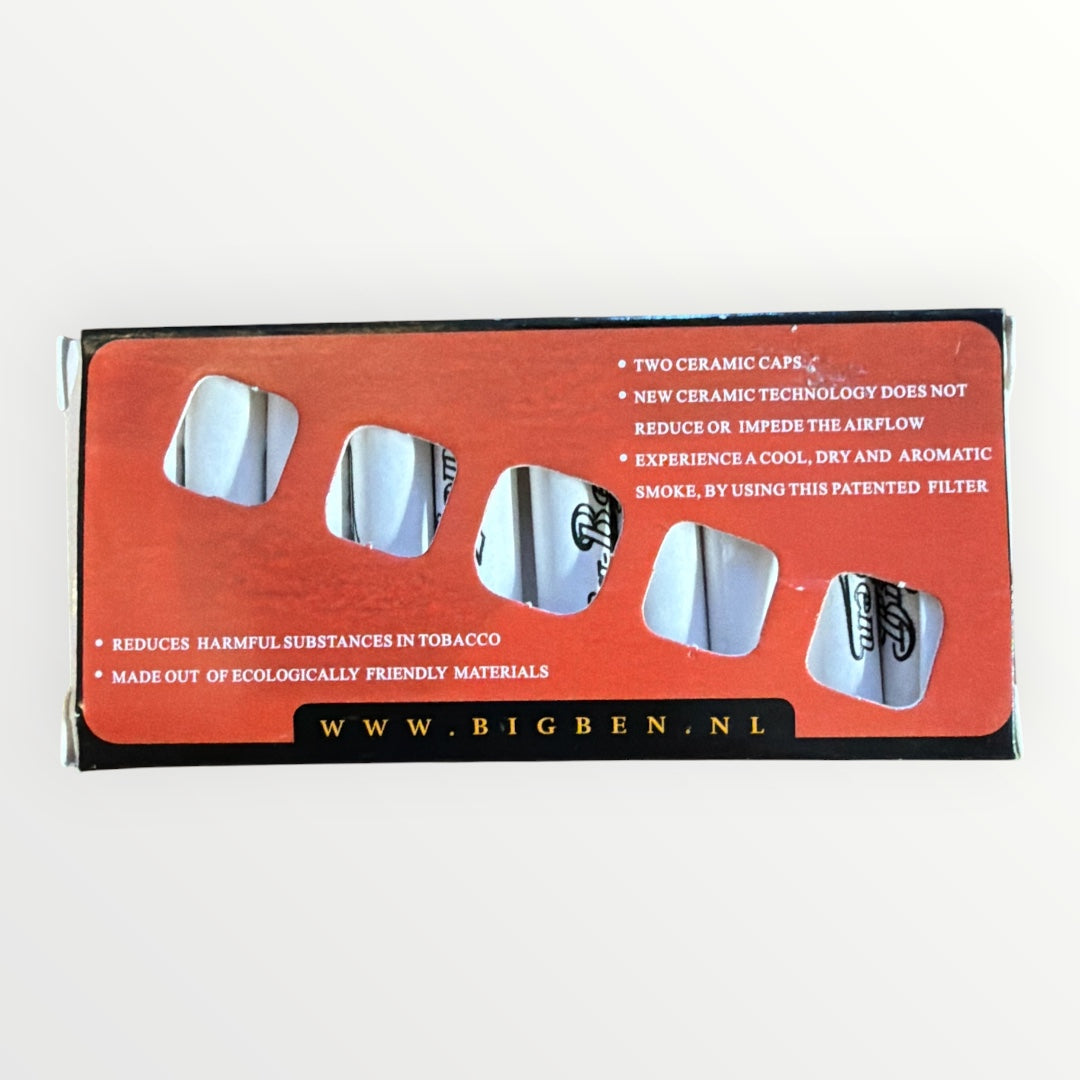Baksida av Big Ben 9 mm pipfilter 10-pack med produktinformation och egenskaper.